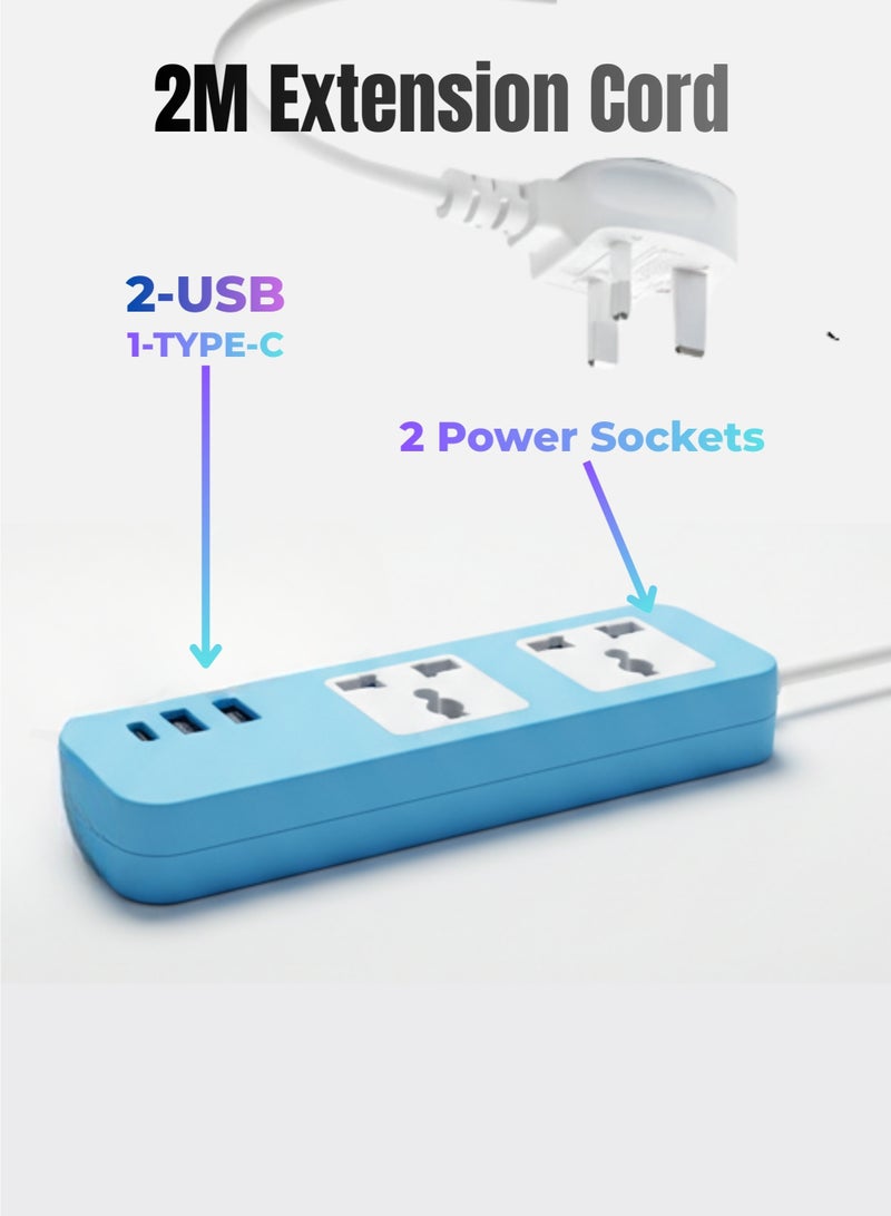 سلك تمديد بطول مترين مزود بمأخذين كهربائيين ومنفذي USB ومنفذ Type-C - مقاوم للاشتعال، عالي الطاقة - Image 4